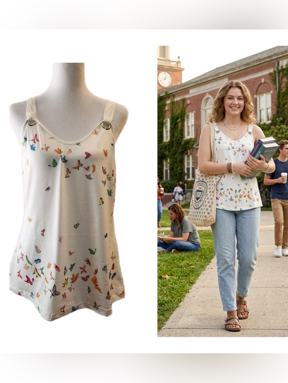 Butterfly Tank Top Sleeveless Shirt with Ring-Shoulder Detail NWT Size Medium